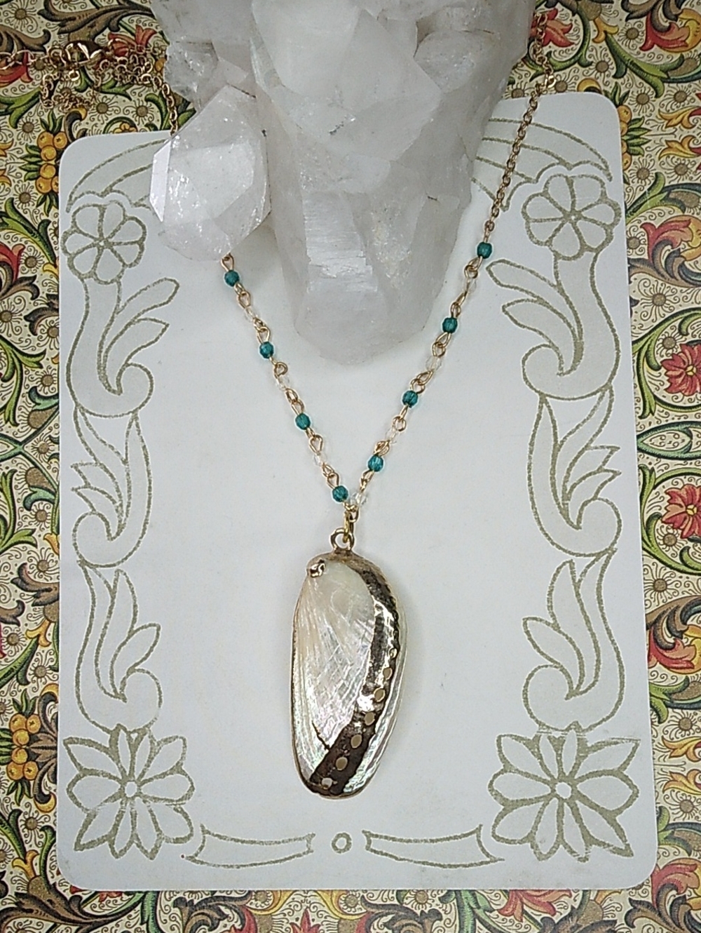Vintage Abalone Shell Pendant With Gold Chain Necklace